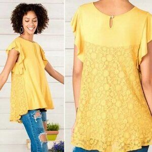 Matilda Jane Mustard Bocce Ball Lace Accent Flounce Short Sleeve Top Cottagecore